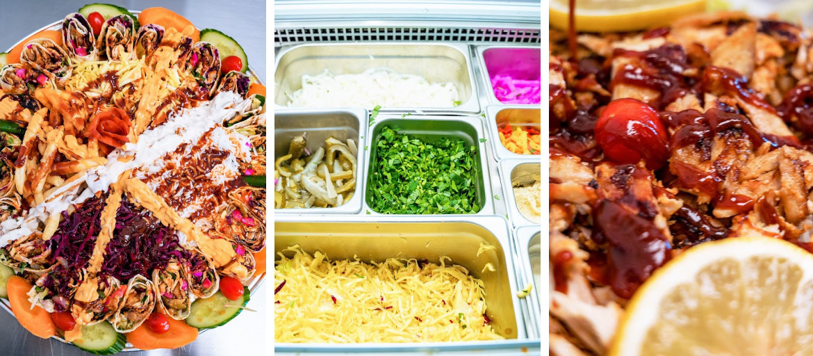 Big Bites kitchen — wraps, toppings bar, and chicken close-up